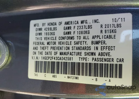 2012 Honda Accord 2.4 Lx-P из США, поврежденный, VIN 1HGCP2F43CA042581